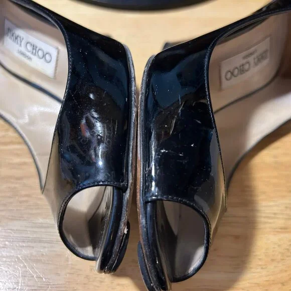Women Jimmy Choo Baxen Black Patent Leather Peep Toe Wedge Pumps Heels 36 US/6